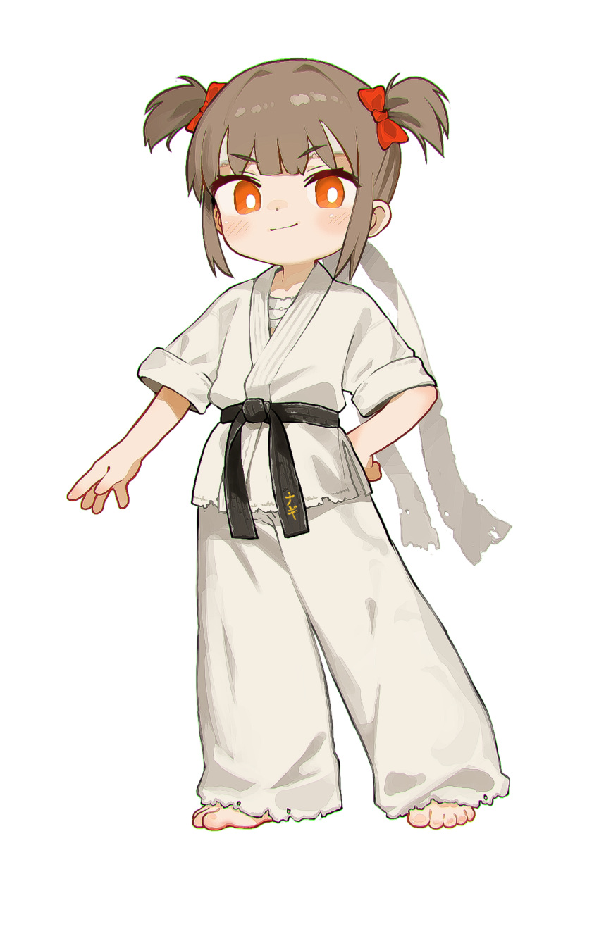 1girl barefoot belt black_belt bow brown_hair chinese_commentary closed_mouth commentary_request dougi full_body hair_bow hand_on_own_hip highres kuma-bound looking_at_viewer martial_arts_belt multiple_hair_bows orange_eyes original pants red_bow short_hair short_twintails simple_background smile solo standing toes twintails v-shaped_eyebrows white_background white_pants