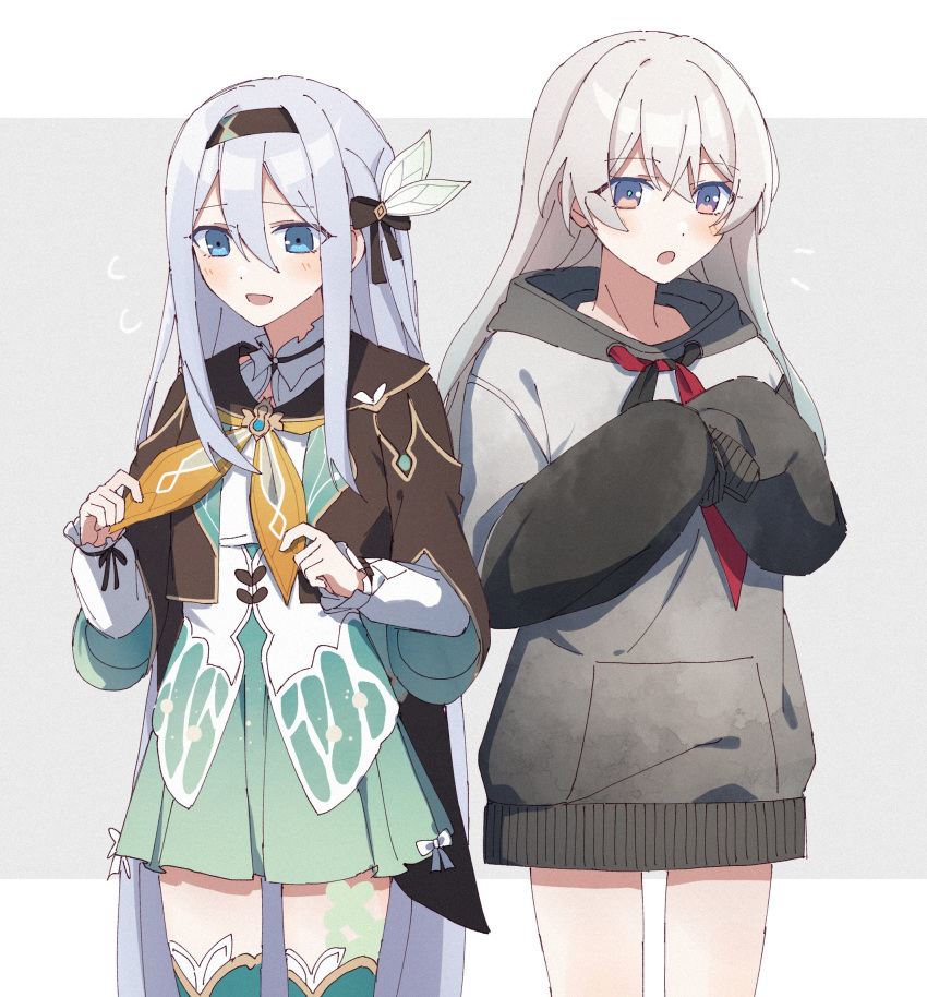 2girls aqua_skirt black_hairband black_jacket blue_eyes blush commentary cosplay costume_switch cropped_jacket crossover firefly_(honkai:_star_rail) firefly_(honkai:_star_rail)_(cosplay) flying_sweatdrops gradient_hoodie grey_background grey_hair grey_hoodie hair_between_eyes hairband highres holding_neckerchief honkai:_star_rail honkai_(series) hood hood_down hoodie jacket letterboxed long_hair long_sleeves look-alike looking_down multiple_girls neckerchief open_mouth orange_neckerchief project_sekai purin_234 purple_eyes shirt skirt sleeves_past_fingers sleeves_past_wrists white_hair white_shirt yoisaki_kanade yoisaki_kanade_(cosplay)