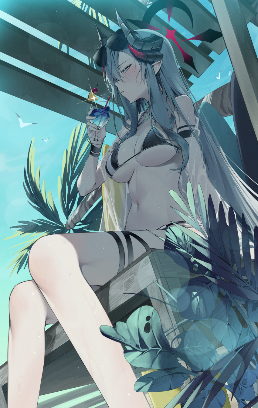 1girl arm_strap bikini bird black_bikini black_halo black_horns black_wristband blue_archive blue_eyes blush breasts closed_mouth cup demon_horns drinking_glass eyewear_on_head feet_out_of_frame food fruit g5_(g5_gugu) gradient_halo gradient_horns grey_hair hair_over_one_eye halo highres holding holding_cup horns knees_together_feet_apart large_breasts legs long_hair looking_down makoto_(blue_archive) multicolored_horns multiple_horns navel on_chair palm_tree plant pointy_ears red_halo seagull see-through see-through_shirt shade sitting solo stomach sunglasses swimsuit thigh_strap tree wine_glass
