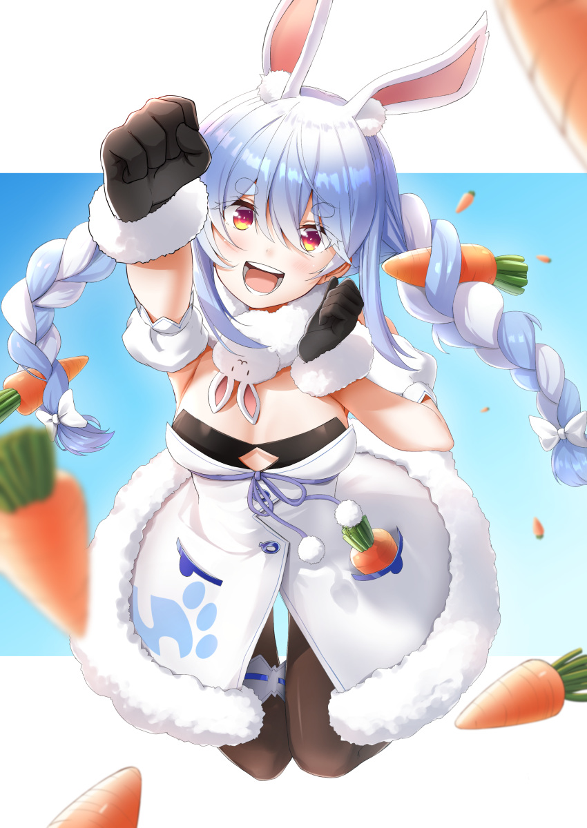 1girl :d absurdres animal_ear_fluff animal_ears arm_up bangs black_gloves blue_hair blush breasts brown_legwear carrot carrot_hair_ornament commentary_request detached_sleeves don-chan_(usada_pekora) dress eyebrows_visible_through_hair food-themed_hair_ornament fur-trimmed_dress fur_trim gloves hair_between_eyes hair_ornament highres hololive jumping leg_garter long_hair looking_at_viewer multicolored_hair open_mouth outstretched_arm pantyhose rabbit_ears red_eyes short_eyebrows short_sleeves smile solo strapless strapless_dress thick_eyebrows two-tone_hair uetaku usada_pekora virtual_youtuber white_dress white_hair