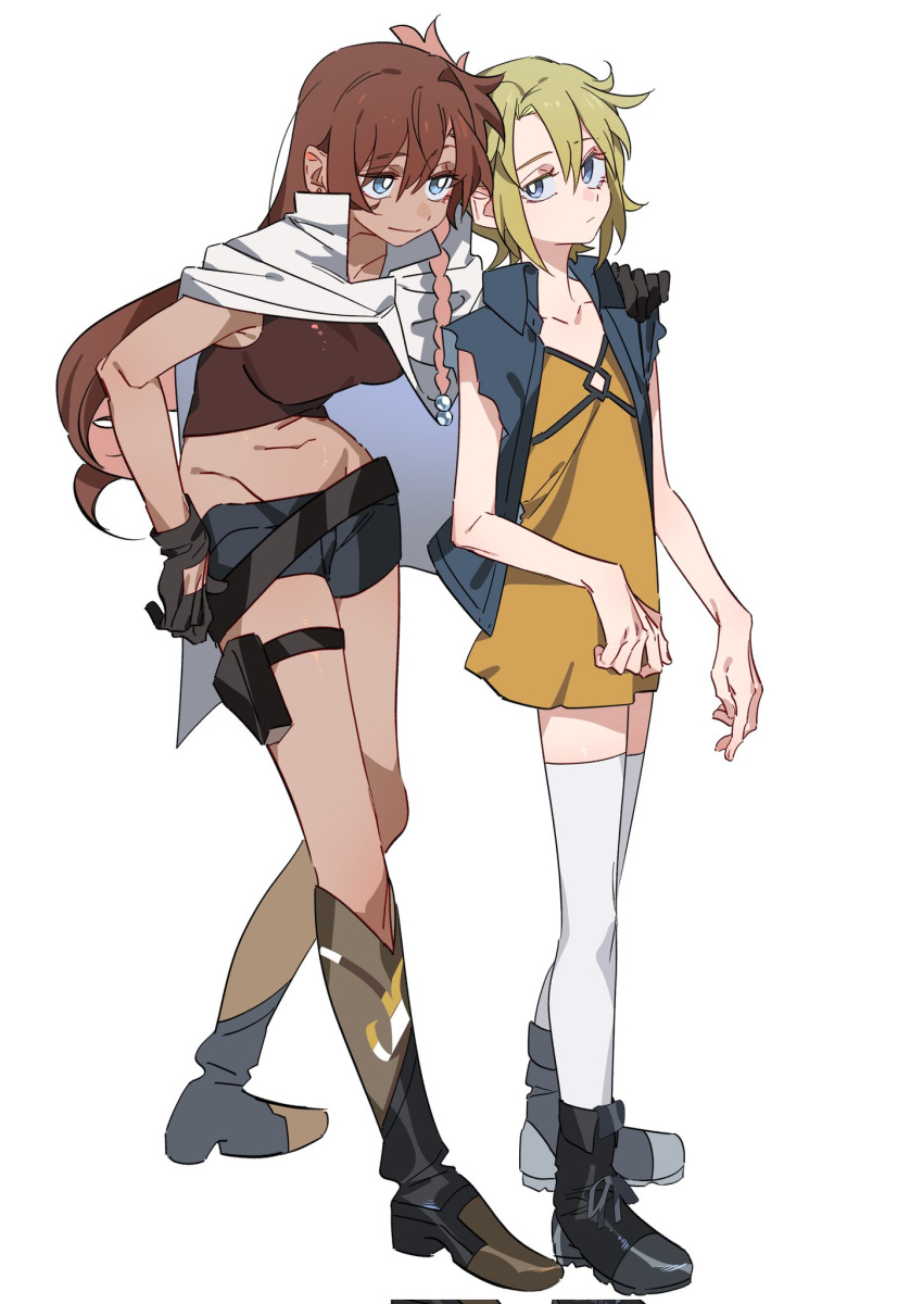 2girls belt black_gloves black_shorts blonde_hair blue_eyes blue_jacket boots breasts bright_pupils brown_footwear brown_hair brown_shirt cape chinese_commentary closed_mouth commentary_request copyright_request corrupted_twitter_file cropped_shirt dress flat_chest gloves hand_on_another's_shoulder highres holster jacket knee_boots large_breasts long_hair molu_stranger multiple_girls open_clothes open_jacket shirt short_hair short_shorts shorts simple_background sleeveless sleeveless_jacket thigh_holster thighhighs white_background white_cape white_pupils white_thighhighs yellow_dress