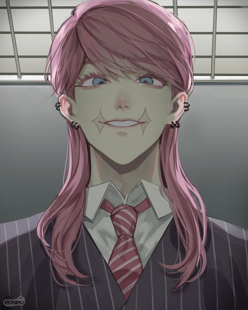 1boy absurdres aqua_eyes backlighting ceiling collared_shirt ear_piercing eoseo_cm from_below highres looking_at_viewer male_focus necktie parted_lips piercing pink_hair pink_necktie portrait purple_vest sanzu_haruchiyo scar scar_on_face shirt solo teeth tokyo_revengers vest white_shirt wolf_cut