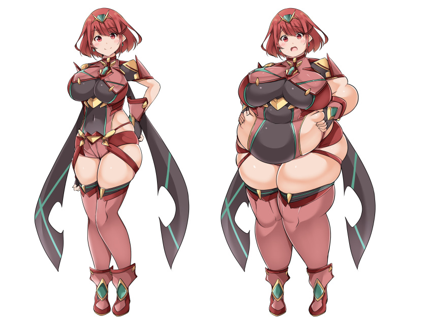 1girl absurdres alternate_body_size arms_behind_back belly_grab blush boots breasts closed_mouth commentary_request covered_navel fat fingerless_gloves full_body gloves head_tilt highres huge_breasts kurokaze_no_sora looking_at_viewer medium_hair multiple_views open_mouth paid_reward_available pink_footwear pink_thighhighs pyra_(xenoblade) red_eyes red_hair red_shorts shorts simple_background split_mouth standing thick_thighs thighhighs thighs tiara white_background xenoblade_chronicles_(series) xenoblade_chronicles_2