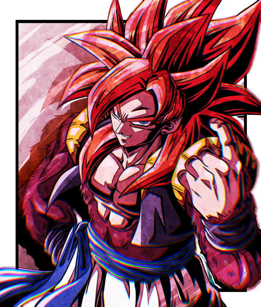 1boy absurdres black_vest blue_eyes blue_sash brown_fur cropped_vest dragon_ball dragon_ball_gt from_above highres long_hair looking_at_viewer looking_up male_focus metamoran_vest muscular muscular_male pants red_hair sash solo spiked_hair super_saiyan super_saiyan_4 ushi_(akabec0) vest white_pants