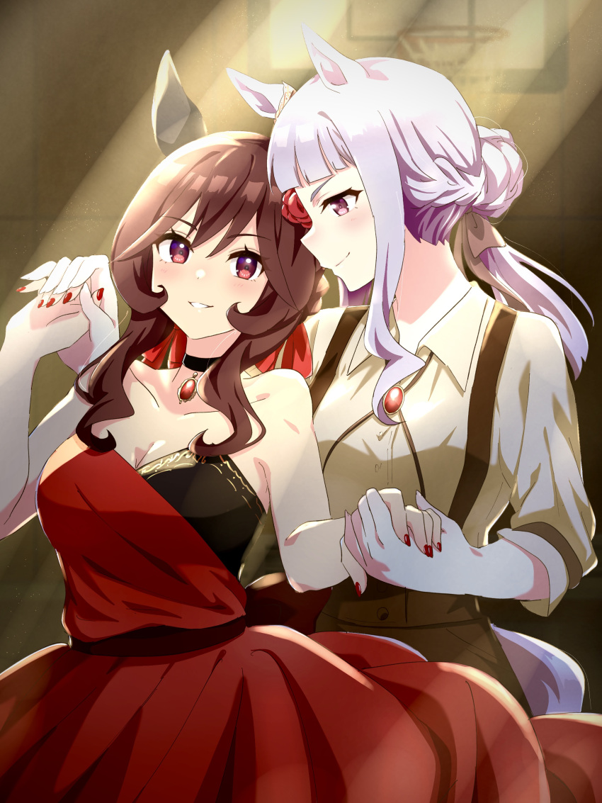 1girl 2girls absurdres alternate_costume animal_ears bare_shoulders basketball_hoop black_choker braid breasts brown_hair brown_pants choker cleavage closed_mouth collar collared_shirt commentary_request dancing dress ear_covers ear_ornament french_braid gentildonna_(umamusume) gold_ship_(umamusume) grey_hair highres horse_ears horse_girl horse_tail large_breasts long_hair multiple_girls nk-43g pants pendant_choker purple_eyes red_dress red_eyes red_nails shirt smile solo suspenders tail umamusume yuri