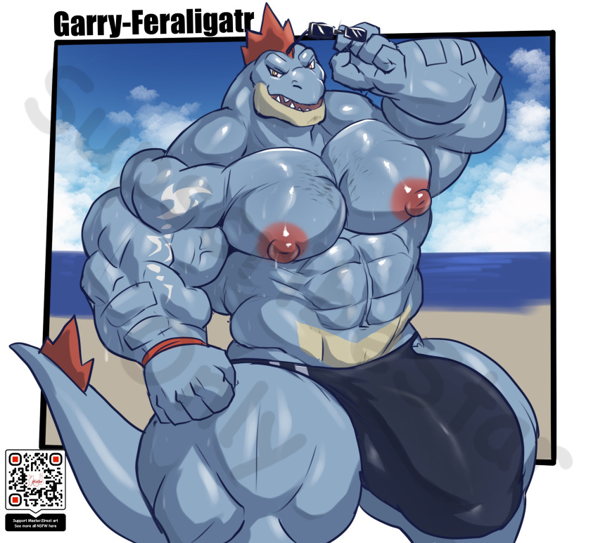 2024 5_fingers abs anthro anthrofied beach biceps big_biceps big_bulge big_pecs biped blue_arms blue_body blue_face blue_fingers blue_hands blue_legs blue_neck blue_scales blue_tail border bulge clothing digital_drawing_(artwork) digital_media_(artwork) eyewear fan_character fangs feraligatr fingers generation_2_pokemon hi_res holding_eyewear holding_object holding_sunglasses humanoid_hands looking_at_viewer male masterelrest muscular muscular_anthro muscular_legs muscular_male nintendo nipples open_mouth open_smile outside outside_border pecs pokemon pokemon_(species) pokemorph qr_code red_body red_nipples red_scales scales sharp_teeth smile smiling_at_viewer solo speedo standing sunglasses swimwear tail teeth thick_arms thick_thighs watermark