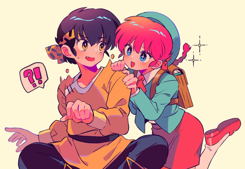 1boy 1girl backpack bag bandana black_hair blue_eyes braid braided_ponytail green_hat hibiki_ryouga highres open_mouth ranma-chan ranma_1/2 red_footwear red_skirt sanamaru_(sana79261827) simple_background skirt yellow_bandana yellow_eyes