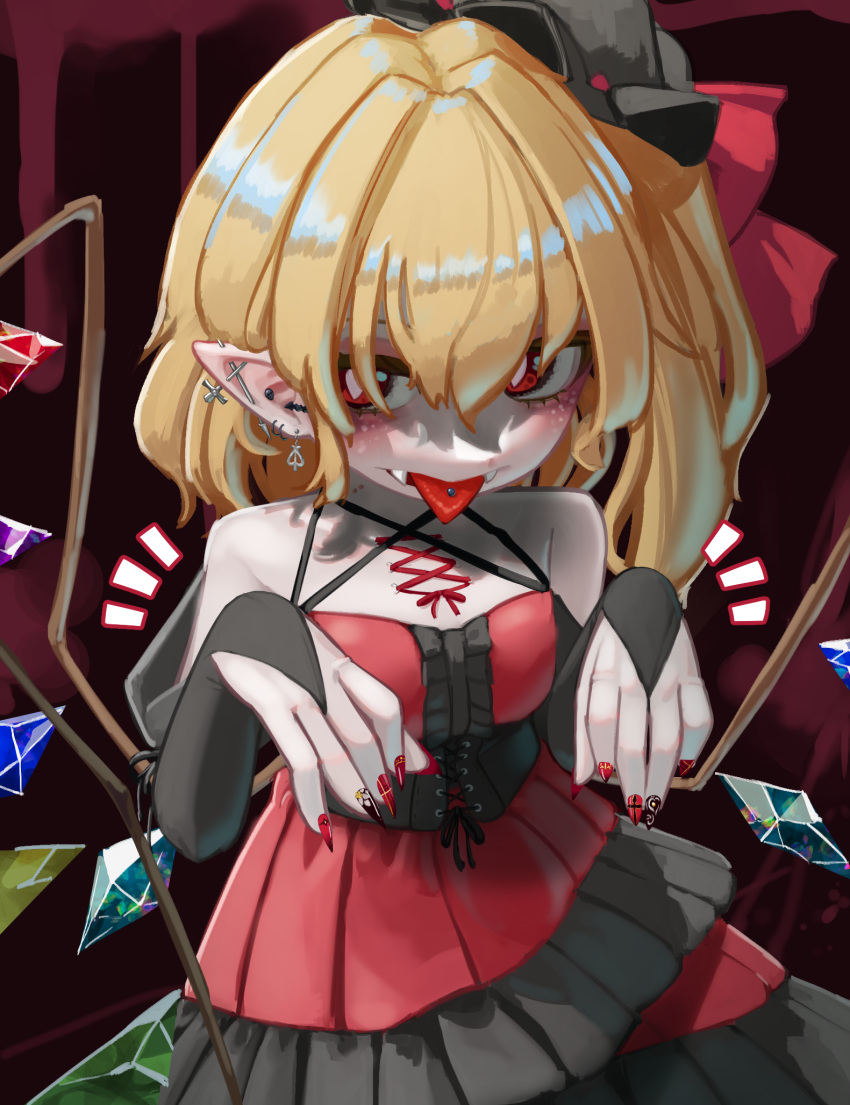 1girl alternate_costume bangs bare_shoulders black_headwear blonde_hair blush body_piercings bow breasts bridal_gauntlets bright_pupils commentary_request corset corset_piercing cowboy_shot crystal dress ear_piercing earrings eyebrows_behind_hair eyebrows_visible_through_hair fangs flandre_scarlet hair_between_eyes hair_bow hat highres indoors jewelry looking_at_viewer mini_hat mob_cap nail_polish no_hat no_headwear notice_lines one_side_up piercing red_background red_bow red_dress red_eyes red_nails short_hair simple_background small_breasts solo tilted_headwear tongue tongue_out tongue_piercing touhou white_pupils wings zakozako_y