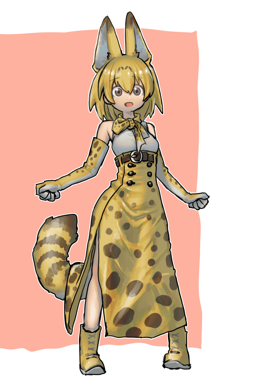 1girl absurdres adapted_costume animal_ears arairestaurant bare_shoulders belt blonde_hair blush boots bow bowtie brown_belt brown_eyes cat_ears cat_girl cat_tail elbow_gloves extra_ears full_body gloves hair_between_eyes high-waist_skirt highres kemono_friends long_skirt open_mouth print_bow print_bowtie print_gloves print_skirt serval_(kemono_friends) serval_print shirt short_hair sidelocks skirt sleeveless solo tail white_shirt yellow_footwear