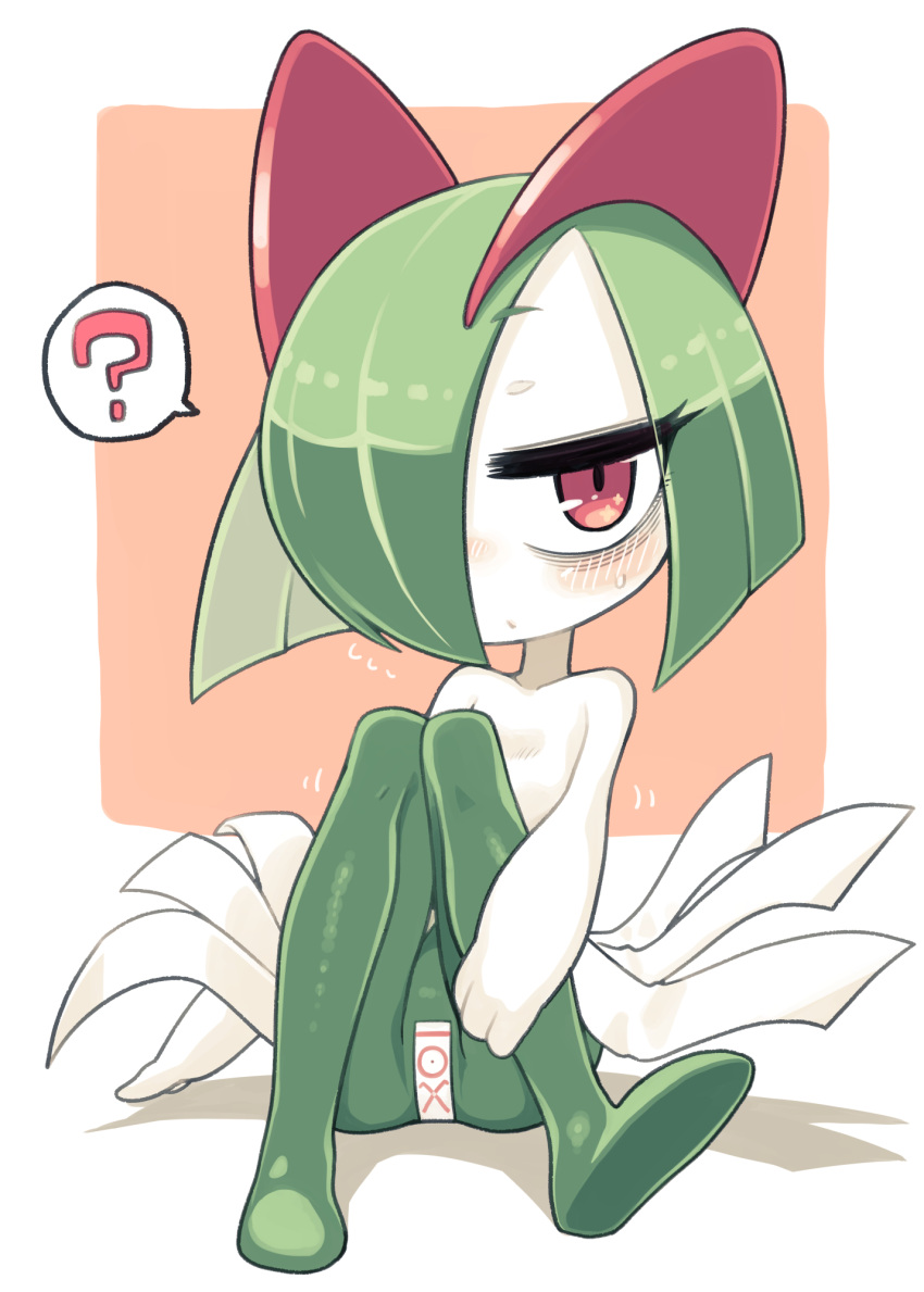? bags_under_eyes covering_crotch covering_privates green_hair hair_over_one_eye highres horns ino_(tellu0120) kirlia looking_at_viewer on_floor pink_background pink_eyes pokemon pokemon_(creature) sidelocks simple_background sitting spell_tag sweatdrop