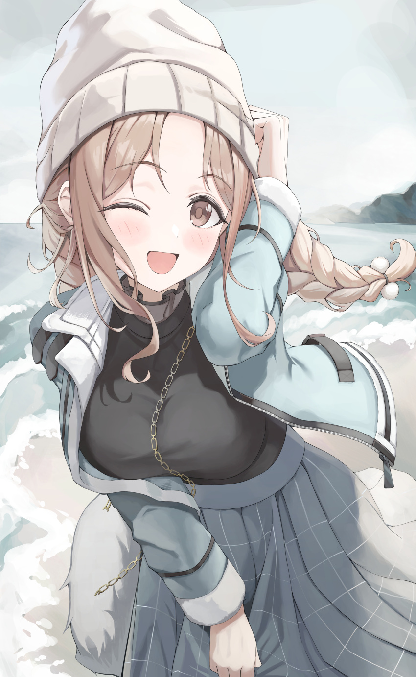 1girl ;d absurdres aqua_jacket aqua_skirt beach beanie black_shirt blush braid breasts floating_hair hat highres ichikawa_hinana idolmaster idolmaster_shiny_colors jacket light_brown_hair looking_at_viewer medium_breasts one_eye_closed outdoors perilpoint shirt skirt smile solo