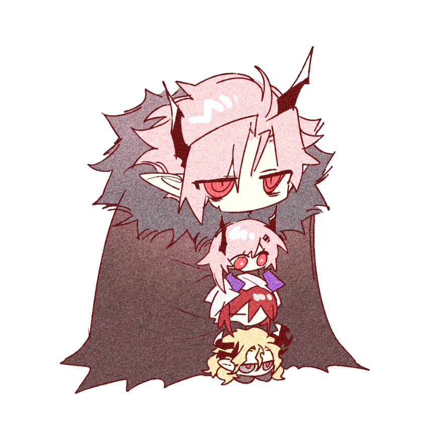 2boys 2girls arknights ascalon_(arknights) asymmetrical_horns black_cape black_horns blonde_hair cape chibi chinese_commentary commentary_request fur-trimmed_cape fur_trim grey_eyes highres hood hood_up horns jitome ling_s long_hair manfred_(arknights) multiple_boys multiple_girls pink_hair pointy_ears purple_horns red_eyes red_hair red_pupils short_hair simple_background theresa_(arknights) theresis_(arknights) white_background