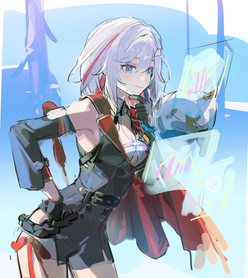 1girl armpits belt belt_buckle black_gloves blue_background blue_eyes blush bodysuit breasts buckle button_gap cape cleavage collar detached_sleeves finger_to_own_chin gloves hair_between_eyes hair_ornament highres honkai:_star_rail honkai_(series) looking_to_the_side mecroty medium_breasts multicolored_hair numby_(honkai:_star_rail) red_cape red_hair red_ribbon ribbon smile thighs topaz_(honkai:_star_rail) trotter_(honkai:_star_rail) white_hair