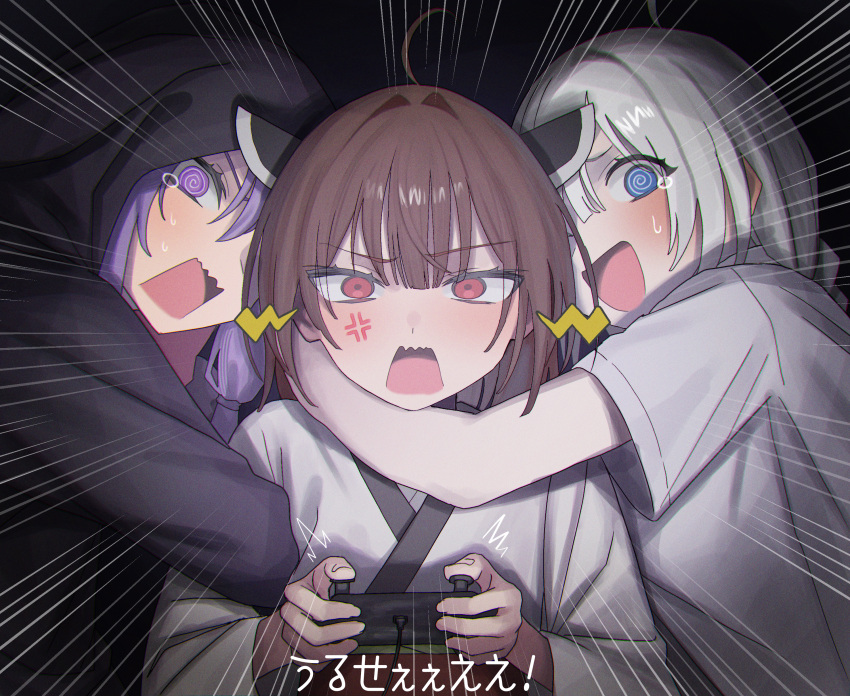 3girls @_@ absurdres ahoge alternate_costume anger_vein angry arm_around_neck black_background black_hoodie blue_eyes blush brown_hair commentary_request controller emphasis_lines game_controller hair_intakes hands_up headgear highres holding holding_controller holding_game_controller hood hood_up hoodie hug japanese_clothes kimono kizuna_akari long_hair looking_at_viewer medium_hair multiple_girls nervous_smile obi open_mouth playing_games purple_eyes purple_hair red_eyes sash scared shirt short_sleeves shout_lines shouting sidelocks smile straight-on subtitled sweat t-shirt tearing_up touhoku_kiritan translation_request upper_body v-shaped_eyebrows vang_09 vocaloid voiceroid white_hair white_kimono white_shirt yuzuki_yukari