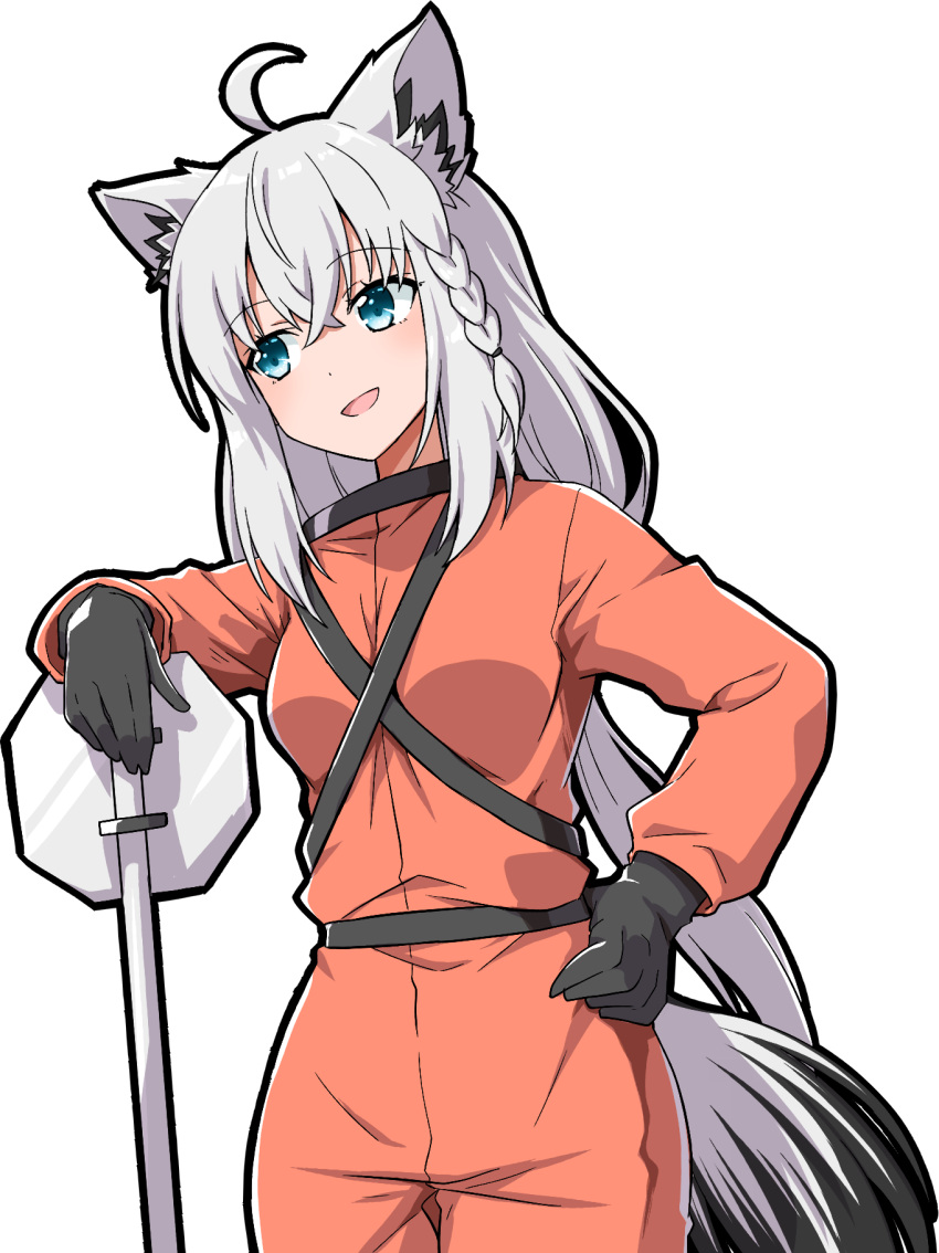 1girl animal_ears black_gloves blue_eyes collared_shirt commentary_request crossed_bangs double-parted_bangs fox_ears fox_girl gloves grey_hair hair_between_eyes hand_on_own_hip hazmat_suit highres hololive jumpsuit leaning_on_object lethal_company long_hair low_ponytail open_mouth orange_jumpsuit road_sign shirakami_fubuki shirt sideways_glance sign simple_background smile solo stop_sign transparent_background virtual_youtuber yuto_(dialique)