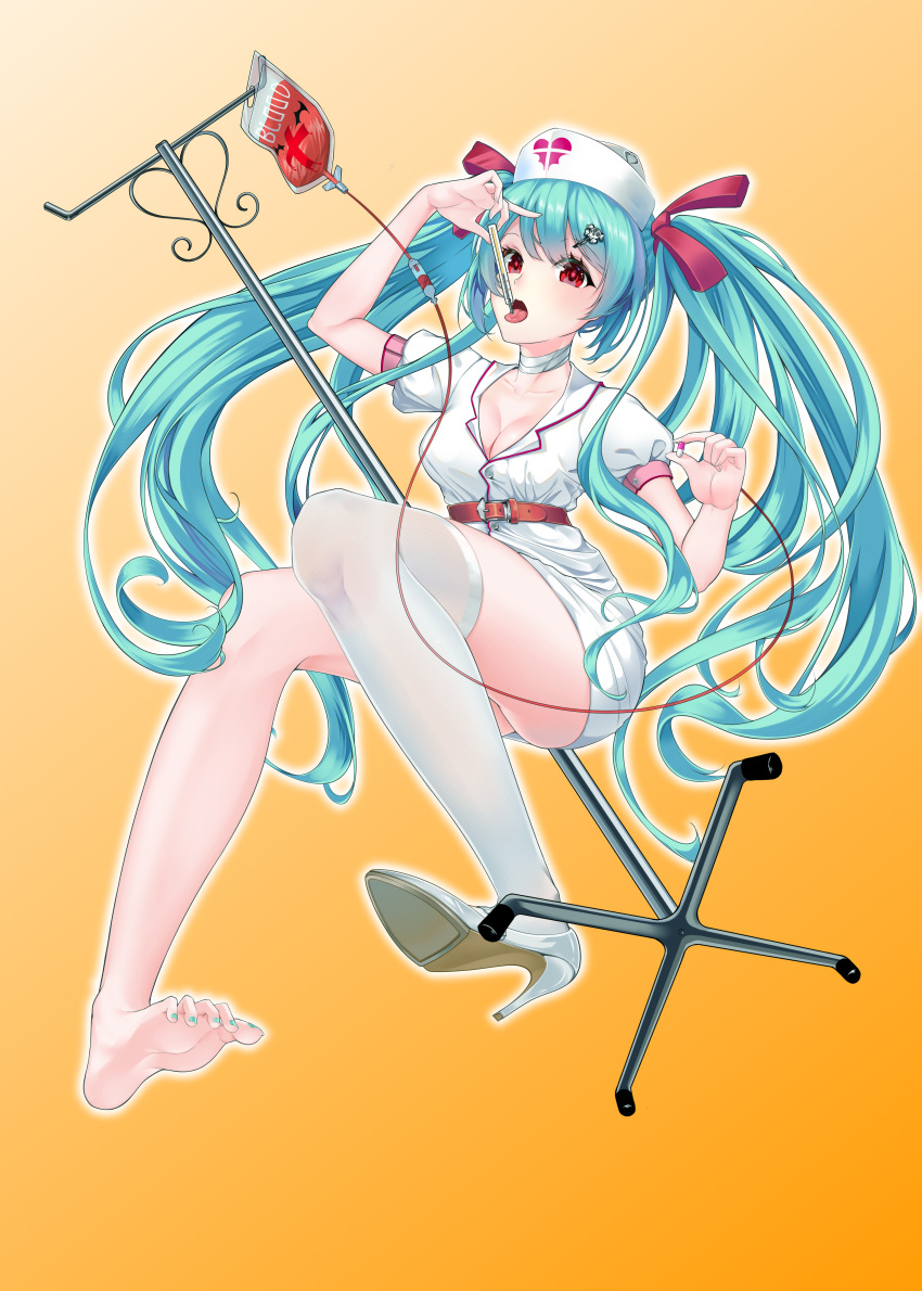1girl :p absurdres aqua_hair ass bandaged_neck bandages barefoot belt blood blood_bag breasts chinese_commentary cleavage collarbone commentary_request full_body hair_ornament hair_ribbon hairclip hand_up hat hatsune_miku high_heels highres holding_pill knees_together_feet_apart looking_at_viewer mercury_thermometer mikawa_sansen nail_polish nurse nurse_cap open_mouth orange_background pantyhose puffy_short_sleeves puffy_sleeves red_eyes ribbon short_sleeves simple_background single_thighhigh skirt soles solo thermometer thighhighs thighs toenail_polish toenails toes tongue tongue_out twintails vocaloid white_legwear white_skirt