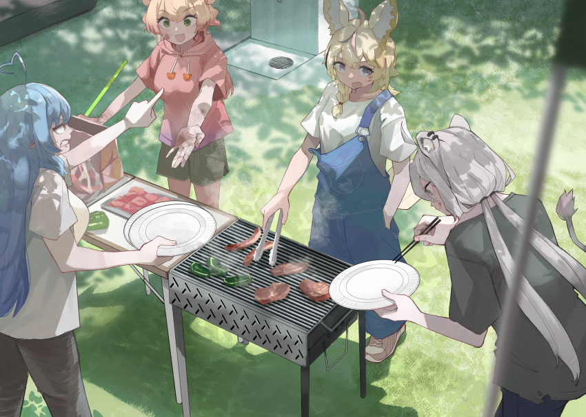 4girls absurdres ahoge alternate_costume animal_ears black_shirt blonde_hair blue_eyes casual commentary_request cooking dirty dirty_face dirty_hands fingerless_gloves fox_ears fox_tail gloves grill grilling highres holding holding_plate hololive hood hoodie lion_ears lion_girl lion_tail long_hair mato_(target5260) momosuzu_nene multiple_girls nepolabo omaru_polka open_mouth outdoors overalls plate shirt shishiro_botan short_hair short_sleeves t-shirt tail virtual_youtuber white_shirt yukihana_lamy