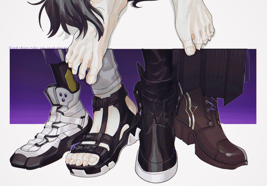 1boy ankle_boots asymmetrical_footwear asymmetrical_pants barefoot black_footwear black_hakama black_pants boots brown_footwear cross-laced_footwear english_text hakama highres holostars japanese_clothes kageyama_shien kageyama_shien_(1st_costume) lace-up_boots male_focus momiage_40 multiple_views official_alternate_costume out_of_frame outside_border pants purple_background sandals sharp_toenails standing tail toenails veins virtual_youtuber white_footwear white_pants