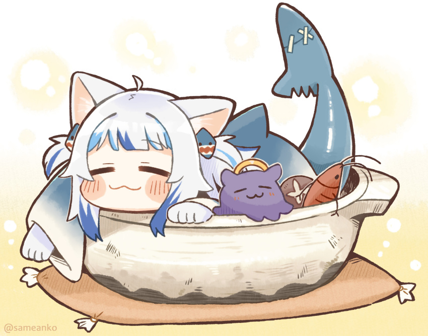 1girl :3 =_= ahoge animal_ears bangs blue_hair blunt_bangs blush_stickers cat_ears chibi closed_eyes commentary fish_tail gawr_gura hair_ornament hairclip halo highres hololive hololive_english hotpot in_container long_sleeves multicolored_hair pot same_anko shark_tail shiitake shrimp simple_background smile streaked_hair symbol-only_commentary tail tako_(ninomae_ina'nis) twitter_username two_side_up virtual_youtuber white_background white_hair wide_sleeves