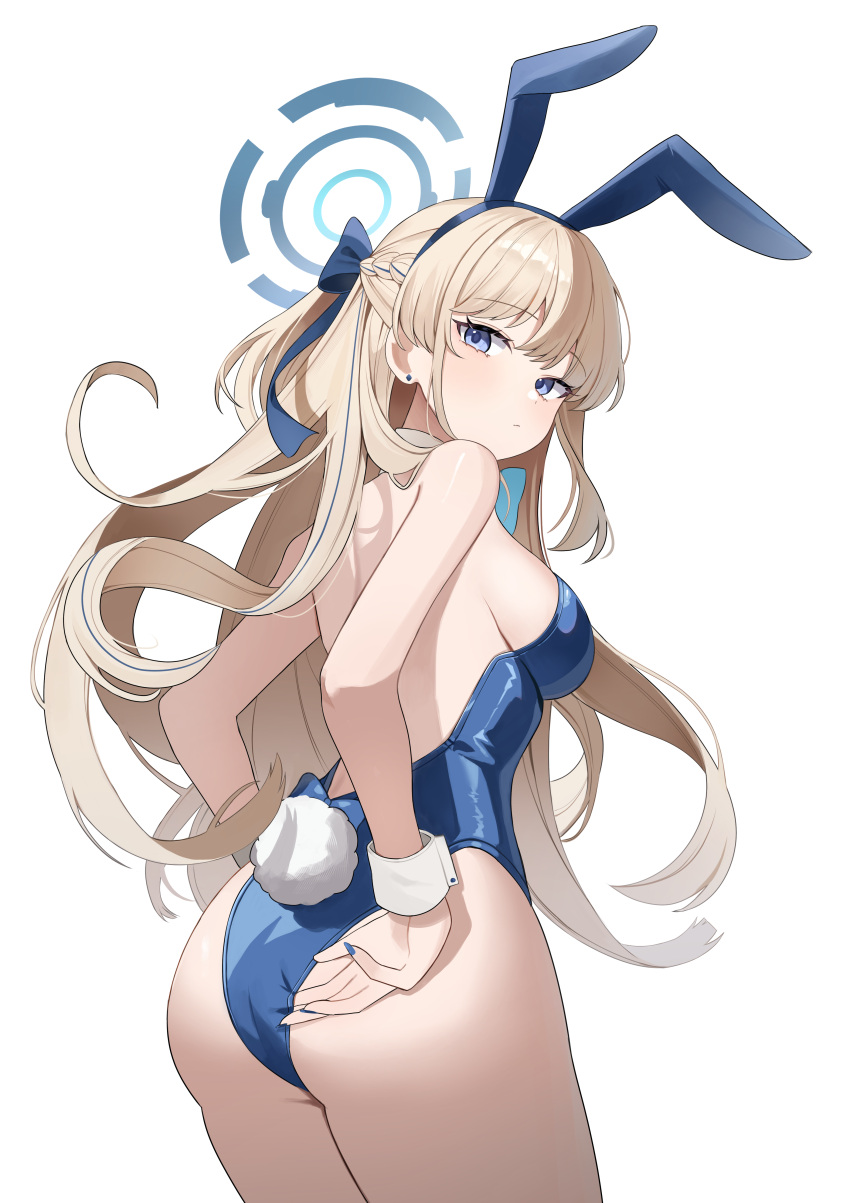 1girl absurdres animal_ears ass bare_shoulders blonde_hair blue_archive blue_bow blue_eyes blue_halo blue_leotard blue_nails blush bow braid fake_animal_ears fake_tail fingernails french_braid from_behind hair_bow halo highres leotard long_fingernails long_hair looking_at_viewer looking_back nail_polish nannung official_alternate_costume rabbit_tail simple_background solo strapless strapless_leotard tail toki_(blue_archive) toki_(bunny)_(blue_archive) white_background white_wrist_cuffs wrist_cuffs