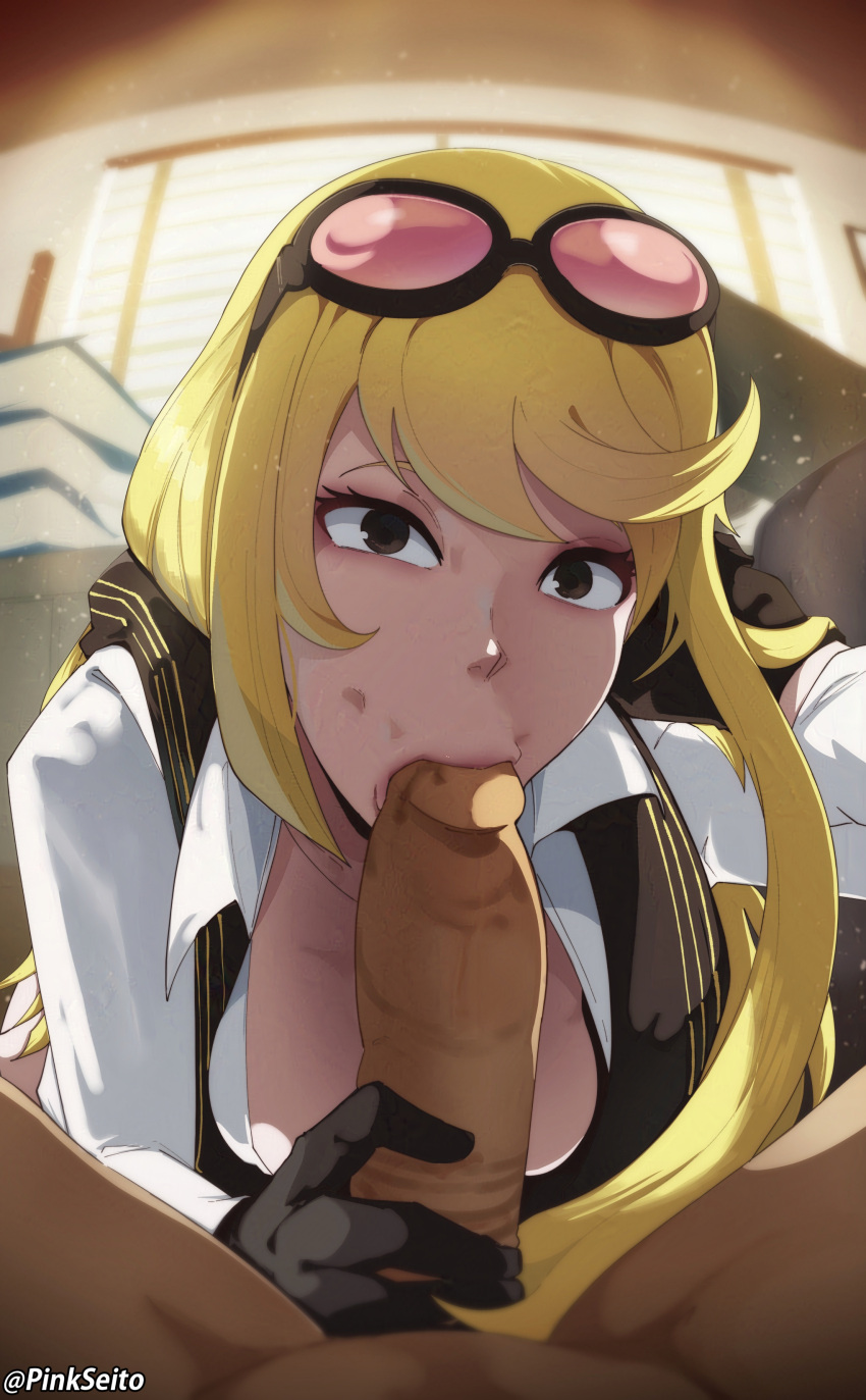 1boy 1girl :&gt;= absurdres bandai black_gloves black_scarf blonde_hair breasts cleavage clothed_female_nude_male digimon digimon_story:_cyber_sleuth digimon_story:_cyber_sleuth_-_hacker's_memory erection eyewear_on_head fellatio gloves hetero highres kuremi_kyouko large_breasts licking licking_penis long_hair looking_at_viewer no_bra nude office open_mouth oral orphen_(pink_seito) penis pov pov_crotch print_scarf scarf shirt sunglasses uncensored white_shirt