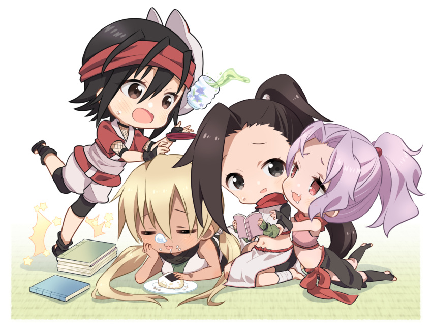 4girls asagao_(kunoichi_tsubaki_no_mune_no_uchi) blush book chibi commentary_request cup food full_body green_tea holding holding_book hug kunoichi_tsubaki_no_mune_no_uchi multiple_girls nose_bubble onigiri open_mouth rindou_(kunoichi_tsubaki_no_mune_no_uchi) sazanka_(kunoichi_tsubaki_no_mune_no_uchi) spilling takamura_masaya tea tripping tsubaki_(kunoichi_tsubaki_no_mune_no_uchi) yunomi