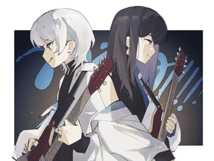 2girls aoki_hina back-to-back bang_dream! bang_dream!_it's_mygo!!!!! black_hair black_shirt blue_eyes guitar highres holding holding_guitar holding_instrument instrument jacket kaname_raana licking_lips long_hair multiple_girls off_shoulder real_life shirt short_hair sidelocks tongue tongue_out toumeiii upper_body voice_actor voice_actor_connection white_hair white_jacket yellow_eyes