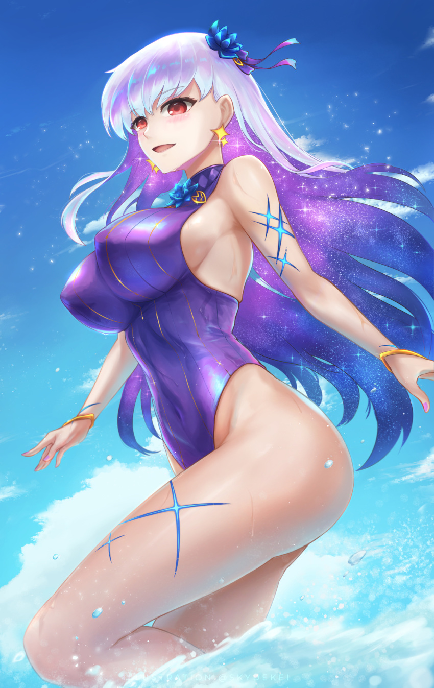 1girl bangs bare_shoulders blue_hair blue_sky blue_swimsuit blush body_markings bracelet breasts covered_navel earrings fate/grand_order fate_(series) flower hair_flower hair_ornament hair_ribbon highleg highleg_swimsuit highres jewelry kama_(fate) kama_(swimsuit_avenger)_(fate) large_breasts long_hair looking_at_viewer lotus multicolored_hair ocean one-piece_swimsuit red_eyes ribbon silver_hair sky skyde_kei smile solo star_(symbol) star_earrings swimsuit thighs two-tone_hair wading