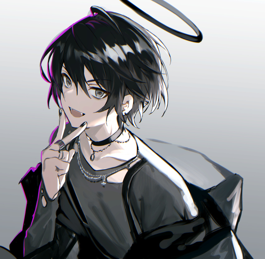 1boy :d black_choker black_hair black_nails choker collarbone commentary fangs grey_background grey_eyes grey_shirt hair_between_eyes halo hand_up hayama_eishi highres long_sleeves looking_at_viewer male_focus nail_polish original shirt simple_background sleeves_past_wrists smile solo suspenders symbol-only_commentary teeth torn_clothes torn_shirt upper_body upper_teeth_only v_over_mouth