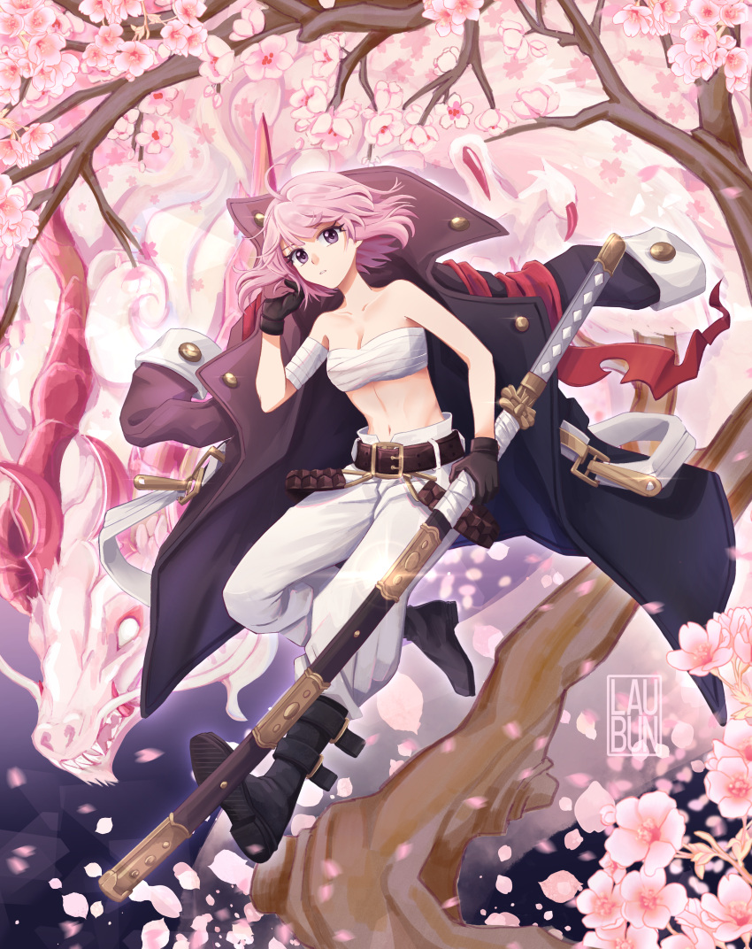 1girl absurdres ahoge alchemy_stars artist_name bandaged_arm bandages bandeau bangs bare_shoulders belt black_belt black_coat black_footwear black_gloves boots breasts cherry_blossoms chest_sarashi cleavage coat coat_removed collarbone commentary english_commentary full_body gloves hand_up highres hiiro_(alchemy_stars) holding holding_sword holding_weapon katana laubun looking_at_viewer pants parted_lips petals pink_hair purple_eyes sarashi scabbard sheath sheathed short_hair small_breasts solo strapless sword tree tube_top weapon white_pants