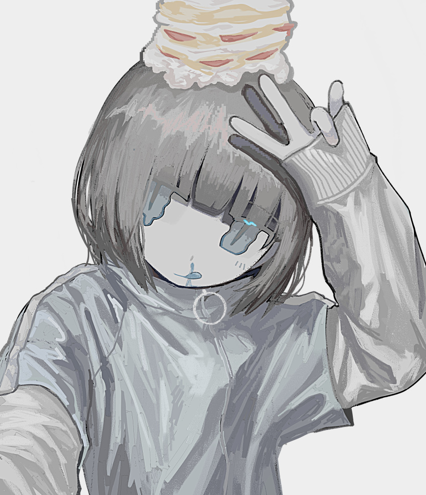 1girl :q absurdres arm_up blood blue_blood blue_eyes blue_shirt blue_tongue blunt_bangs bob_cut cake closed_mouth colored_tongue commentary empty_eyes food food_on_head fruit giv_81 grey_background grey_hair hand_up head_tilt highres ibispaint_(medium) jitome layered_sleeves licking_lips long_sleeves looking_at_viewer making-of_available medium_bangs medium_hair muted_color nosebleed object_on_head original pale_skin selfie shadow shirt short_over_long_sleeves short_sleeves sidelocks simple_background sleeves_past_wrists slit_pupils smile solo strawberry strawberry_shortcake symbol-only_commentary textless_version tongue tongue_out upper_body v wavy_eyes whipped_cream white_shirt zipper zipper_pull_tab