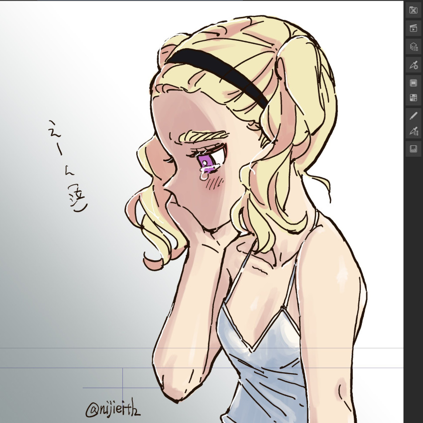 1girl blonde_hair breasts camisole clip_studio_paint_(medium) crying eisu_(eith) face_in_hands forehead gradient_background hairband hand_on_own_face harsha_(eisu) highres image_editing_program long_hair original purple_eyes simple_background small_breasts tears thick_eyebrows twintails twitter_username white_background
