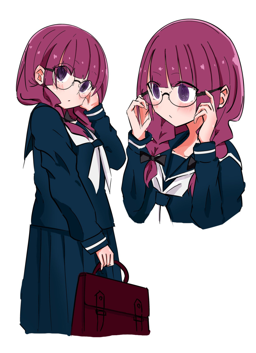 1girl @_@ aged_down bag bespectacled black_bow blue_shirt blue_skirt blush bocchi_the_rock! bow braid brown_bag commentary glasses hair_bow highres hiroi_kikuri jinyama long_hair pleated_skirt purple_eyes purple_hair school_uniform serafuku shirt simple_background skirt twin_braids white_background