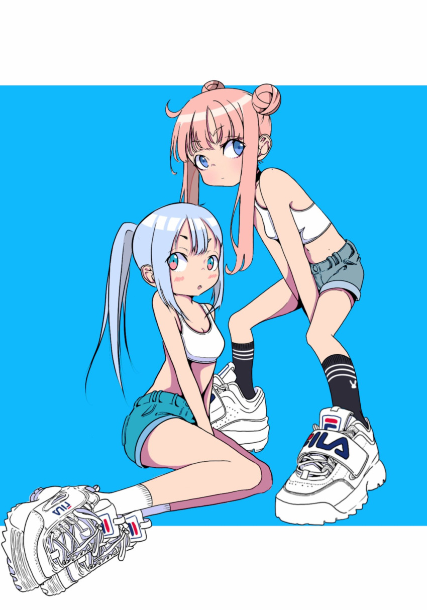 2girls ahoge bare_shoulders between_legs black_socks blue_background blue_eyes blue_hair blue_shorts blush breasts closed_mouth denim denim_shorts double_bun fila hair_bun hand_between_legs highres light_blue_hair long_hair looking_at_viewer midriff multiple_girls nao97122 navel open_mouth original outside_border pink_hair ponytail shoes short_hair_with_long_locks short_shorts shorts sitting small_breasts sneakers socks sports_bra standing white_footwear white_socks white_sports_bra