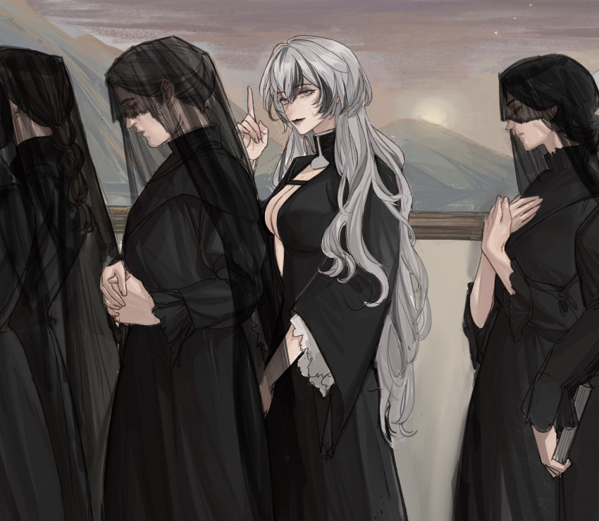 4girls black_dress black_hair braid breasts center_opening cleavage closed_mouth deerwhisky dress funeral_dress grey_eyes grey_hair hair_between_eyes highres index_finger_raised large_breasts long_hair long_sleeves mole mole_on_nose multicolored_hair multiple_girls oak_casket_(path_to_nowhere) painting_(object) path_to_nowhere short_hair streaked_hair two-tone_hair veil very_long_hair