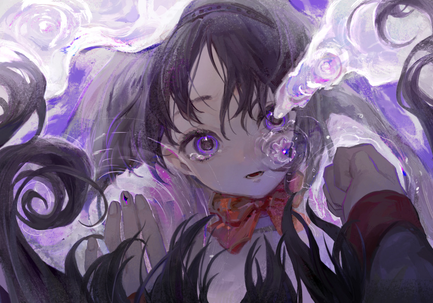 1girl akemi_homura black_hair black_hairband bow bowtie chinese_commentary clenched_hand commentary_request hairband highres lanmi_lemmy long_hair long_sleeves looking_at_viewer mahou_shoujo_madoka_magica mahou_shoujo_madoka_magica_(anime) open_mouth portrait purple_eyes red_bow red_bowtie reflection ripples solo tearing_up tears