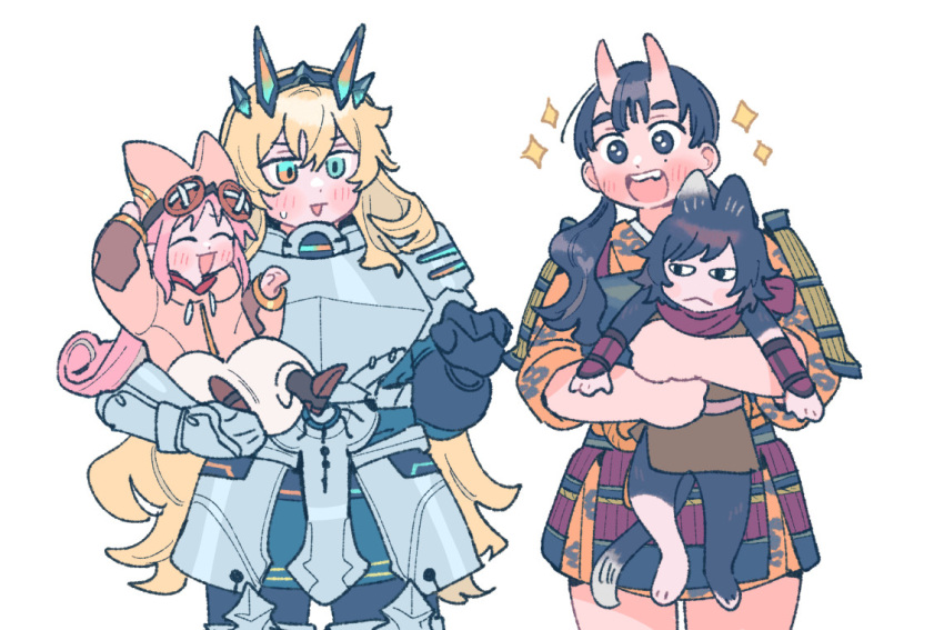 1girl :&lt; :d ^_^ animal_ears aqua_eyes armor baggy_pants barghest_(fate) black_eyes black_fur black_gloves black_hair black_pants blonde_hair blunt_bangs blush bracer breastplate button_eyes buttons cat_ears cat_girl cat_tail chipped_tooth closed_eyes commentary crossover dungeon_meshi english_commentary epaulettes fate/grand_order fate_(series) faulds gloves gorget habetrot_(fate) half-closed_eyes heterochromia hood hooded_jacket horns inutade izutsumi jacket japanese_armor japanese_clothes kimono knee_pads kusazuri lifting_person loincloth long_hair mole mole_under_eye oneroom-disco oni pants pauldrons pink_hair pink_hat pink_jacket plate_armor pointy_ears pointy_footwear red_eyes red_scarf scarf short_hair short_kimono shoulder_armor skin-covered_horns smile sparkle sweatdrop tail upper_body vambraces very_long_hair wavy_hair white_background white_pants wide_sleeves yellow_kimono