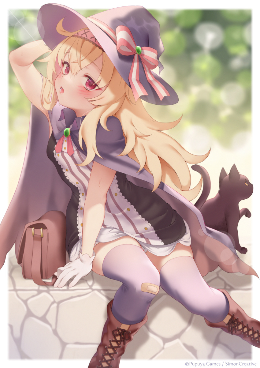 1girl artist_request bag bandaid bandaid_on_knee bandaid_on_leg black_cat blonde_hair blush boots breasts cape cat dress gloves hat highres little_witch_nobeta long_hair looking_at_viewer nobeta official_art open_mouth outdoors phyllis_(cat)_(little_witch_nobeta) phyllis_(little_witch_nobeta) purple_cape purple_thighhighs red_eyes sitting small_breasts solo sunlight thighhighs white_gloves witch_hat zettai_ryouiki