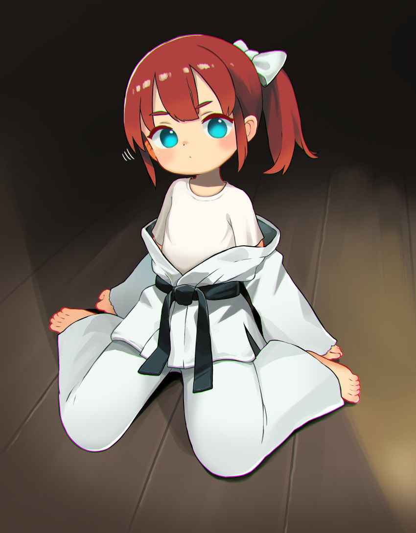 1girl absurdres barefoot belt black_belt bow chinese_commentary closed_mouth commentary_request dougi full_body hair_bow highres indoors kuma-bound looking_at_viewer martial_arts_belt medium_hair original pants ponytail red_hair shirt sitting solo toes wariza white_bow white_pants white_shirt