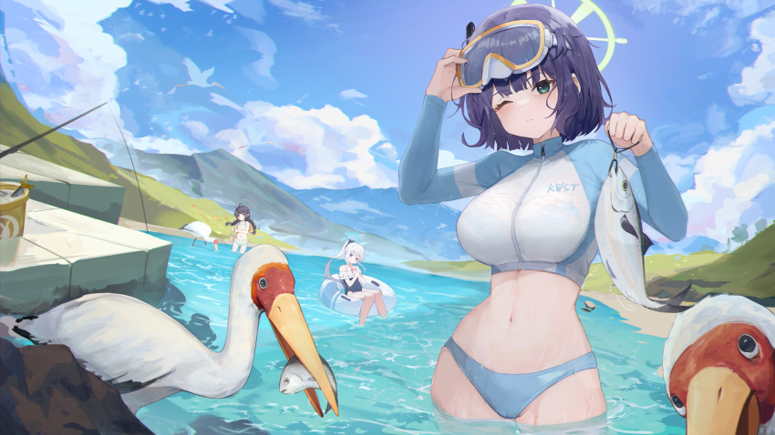 3girls absurdres animal arm_up bikini bird black_hair black_one-piece_swimsuit blue_archive blue_bikini blue_sky braid breasts bucket cellphone closed_mouth cloud commentary_request day diving_mask diving_mask_on_head fish fishing_line fishing_rod frilled_one-piece_swimsuit frills goggles goggles_on_head green_eyes halo highres holding holding_animal holding_phone innertube long_hair low_twintails medium_breasts miyako_(blue_archive) miyako_(swimsuit)_(blue_archive) miyu_(blue_archive) miyu_(swimsuit)_(blue_archive) multiple_girls navel off-shoulder_one-piece_swimsuit off_shoulder one-piece_swimsuit one_eye_closed outdoors own_hands_together phone ponytail purple_hair rash_guard red_eyes revision saki_(blue_archive) saki_(swimsuit)_(blue_archive) sky standing stork swim_ring swimsuit takasumikei twin_braids twintails very_long_hair water wet wet_hair white_bikini white_hair