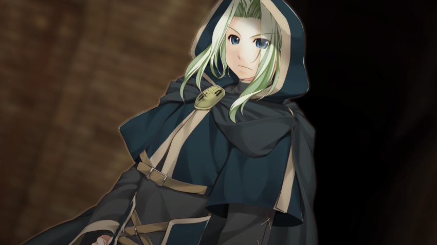 1boy atelier-moo belt blue_eyes blurry blurry_background cloak closed_mouth cowboy_shot curtained_hair dungeon green_hair highres hood hood_up hooded_jacket jacket long_sleeves looking_at_viewer merak_yildis solo standing v-shaped_eyebrows wizards_symphony