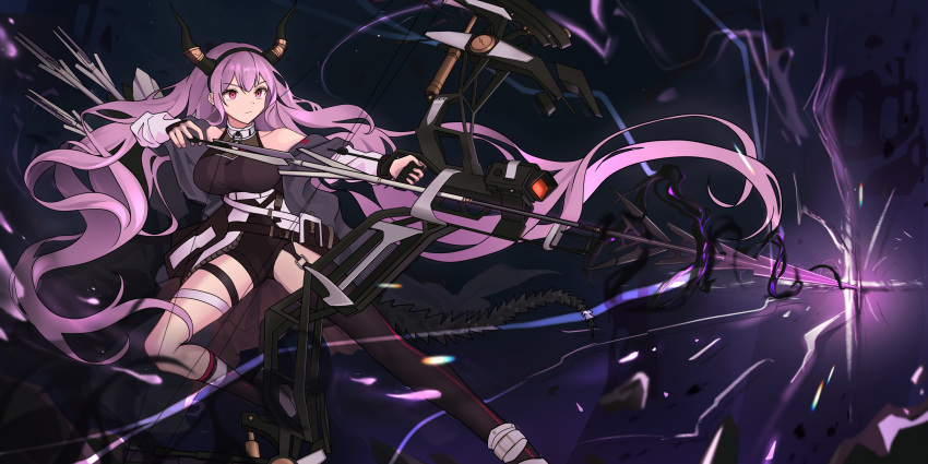 1girl :| absurdres arknights arrow_(projectile) black_bodysuit black_hairband black_horns black_socks black_thighhighs bodysuit bow_(weapon) closed_mouth compound_bow debris dot_nose drawing_bow fake_horns floating_hair glowing hairband highres holding holding_bow_(weapon) holding_weapon horn_hairband horns jacket kneehighs lens_flare long_hair off_shoulder pink_eyes purple_hair scope sidelocks single_kneehigh single_sock single_thighhigh socks solo tail thigh_strap thighhighs typhon_(arknights) v-shaped_eyebrows very_long_hair weapon white_jacket youngou_(uppark4425)