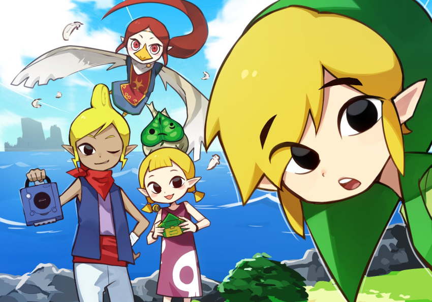 2miki_moon animal_humanoid aryll avian avian_humanoid beak black_eyes blonde_hair brown_body brown_hair brown_skin clothing cloud day elf female flying game_boy_advance game_boy_family gamecube group hair hi_res humanoid humanoid_pointy_ears hylian korok light_body light_skin long_hair looking_at_viewer makar male medli nintendo one_eye_closed open_mouth open_smile pirate_leader_tetra red_eyes rito rito_humanoid scarf smile the_legend_of_zelda toon_link water wind_waker wings wink