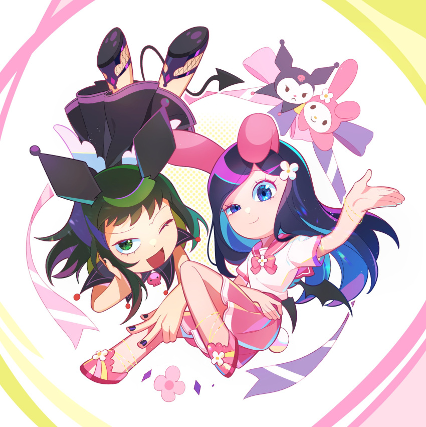 2girls angel_and_devil angel_wings animal_ears anklet black_hair black_skirt blue_hair bow bowtie bracelet closed_mouth colored_inner_hair cosplay crossover demon_girl demon_tail demon_wings eyelashes fishnets floating flower frown full_body green_eyes green_hair hair_flower hair_ornament hand_on_own_cheek hand_on_own_face head_on_hand head_rest highres jester_costume jewelry knee_up korean_commentary kurata_tome kuromi kuromi_(cosplay) long_hair looking_at_viewer miniskirt mino_minyong mob_psycho_100 multicolored_hair multiple_girls my_melody my_melody_(cosplay) no_feet onegai_my_melody open_mouth outstretched_arm paw_print_soles pink_bow pink_bowtie pink_footwear pink_sailor_collar pink_skirt pleated_skirt purple_hair purple_nails rabbit rabbit_ears rabbit_tail ribbon sailor_collar sanrio school_uniform serafuku shoe_soles skirt skull_ornament smile streaked_hair swept_bangs tail takane_tsubomi thighhighs uneven_eyes upside-down w white_background white_flower wings