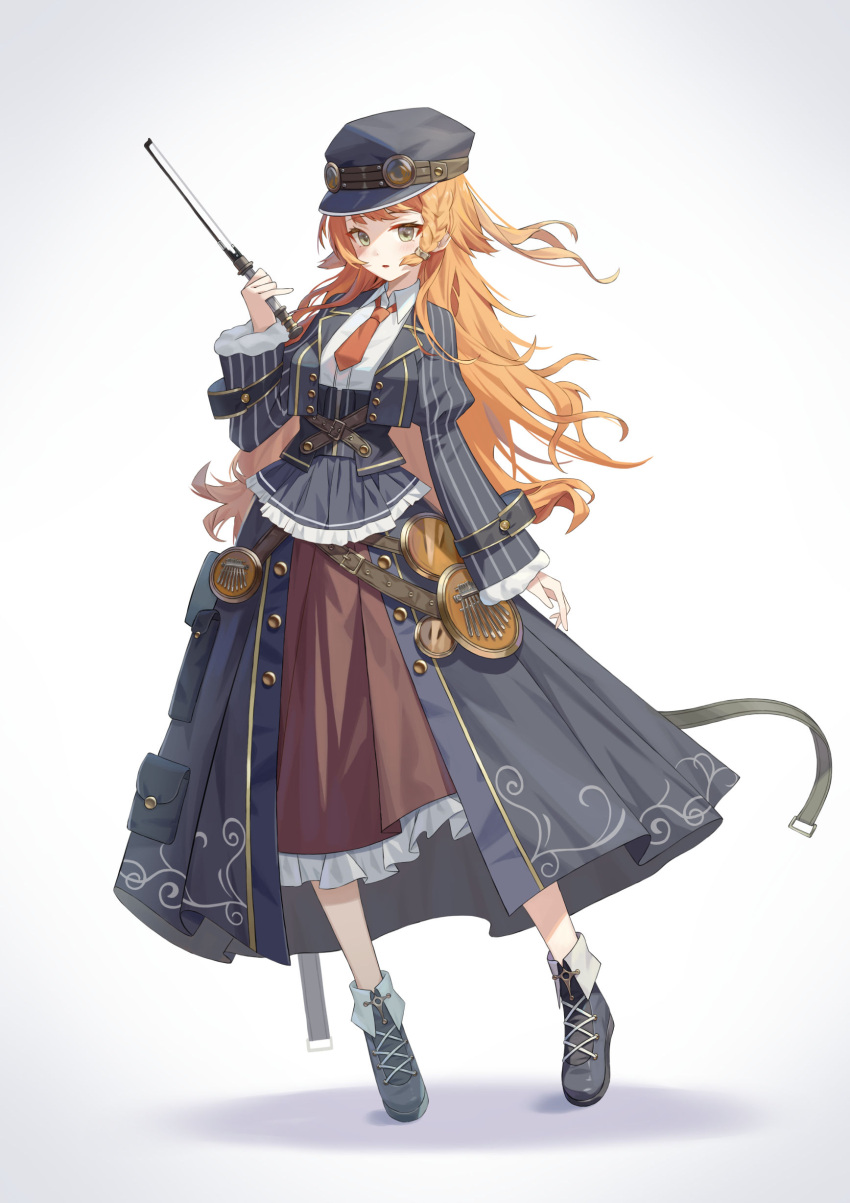 1girl absurdres black_hat braided_sidelock brown_dress calder_(pixiv3698273) clothing_request commentary_request dress frilled_dress frills full_body hand_up highres holding holding_weapon long_dress long_hair long_sleeves necktie open_mouth orange_hair orange_necktie pinstripe_pattern reverse:1999 shirt simple_background solo sonetto_(reverse:1999) standing weapon white_background white_shirt