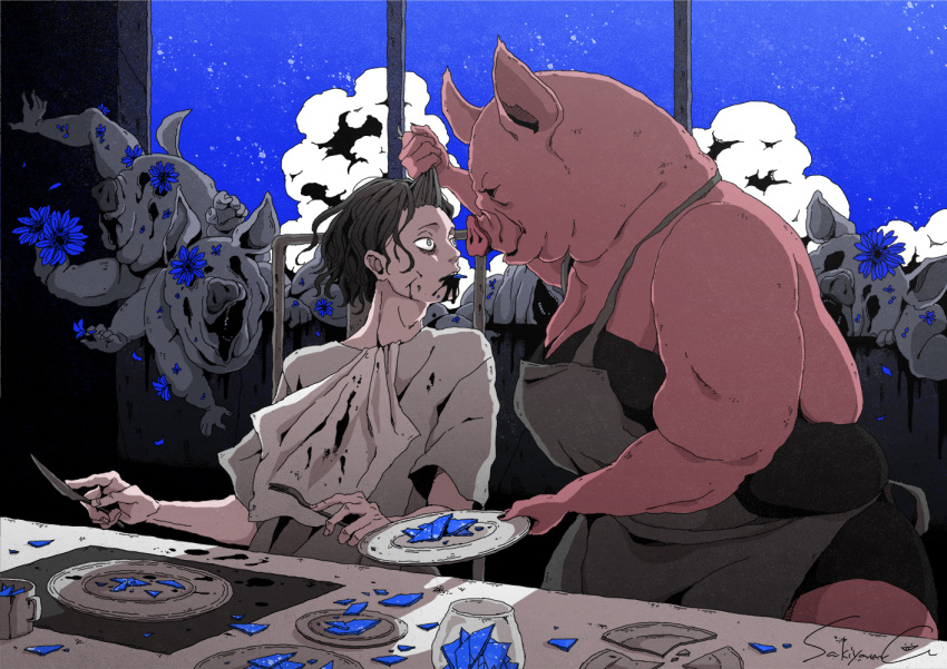 1boy apron blood blood_from_mouth eating glass horror_(theme) male_focus night original pig_head pig_man sakiyama8ma scared short_hair surreal window