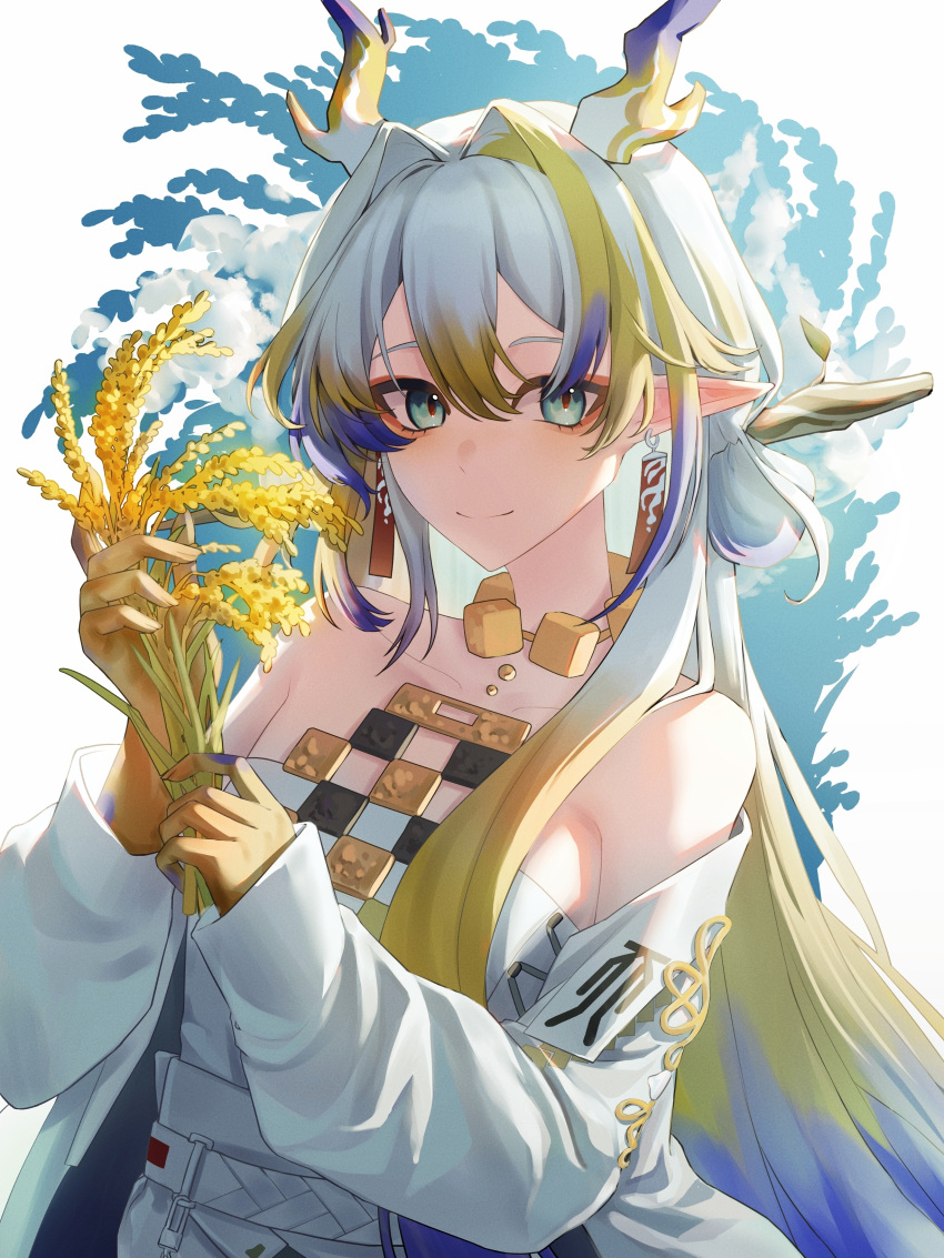 1girl absurdres arknights bare_shoulders belt blonde_hair blue_eyes closed_mouth dragon_girl dragon_horns earrings green_eyes hair_between_eyes hair_intakes hands_up highres holding holding_plant horns jacket jewelry light_smile long_hair long_sleeves looking_at_viewer multicolored_hair necklace off_shoulder open_clothes open_jacket plant pointy_ears purple_horns shu_(arknights) solo strapless tube_top upper_body wheat white_belt white_hair white_horns white_jacket white_tube_top yellow_horns zizhilemne