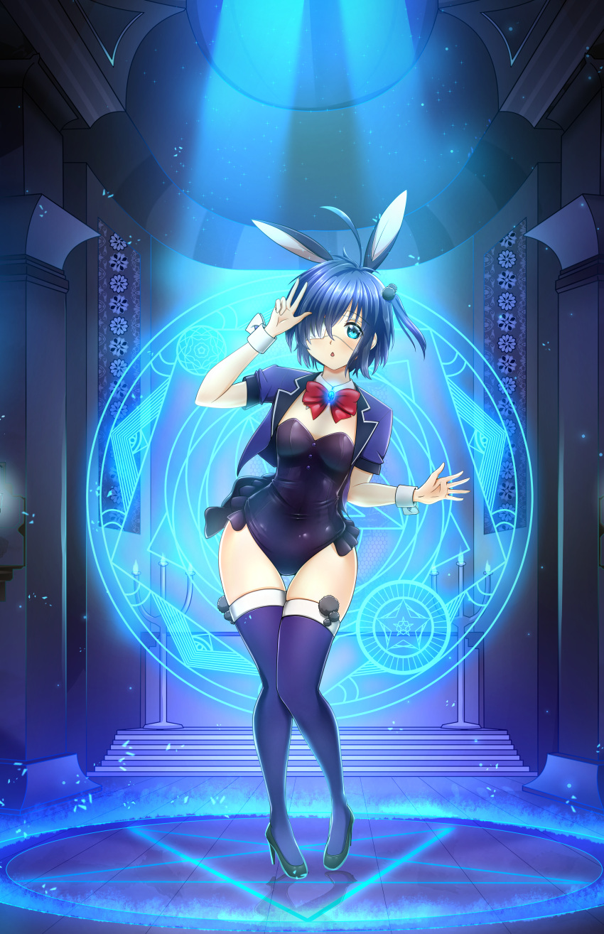 1girl :o absurdres ahoge alternate_costume animal_ears bangs black_footwear blue_theme blush bow bowtie breasts chuunibyou_demo_koi_ga_shitai! commentary contrapposto cropped_jacket english_commentary eyepatch fake_animal_ears full_body glowing hand_up high_heels highres indoors itacho_(itasha_draws) jacket leaning_forward light looking_at_viewer medical_eyepatch mixed-language_commentary one_side_up open_mouth pentagram pink_jacket playboy_bunny rabbit_ears red_bow red_bowtie shiny shiny_clothes shoes short_hair short_sleeves skindentation small_breasts solo standing star_(symbol) takanashi_rikka thighhighs w white_eyepatch wrist_cuffs