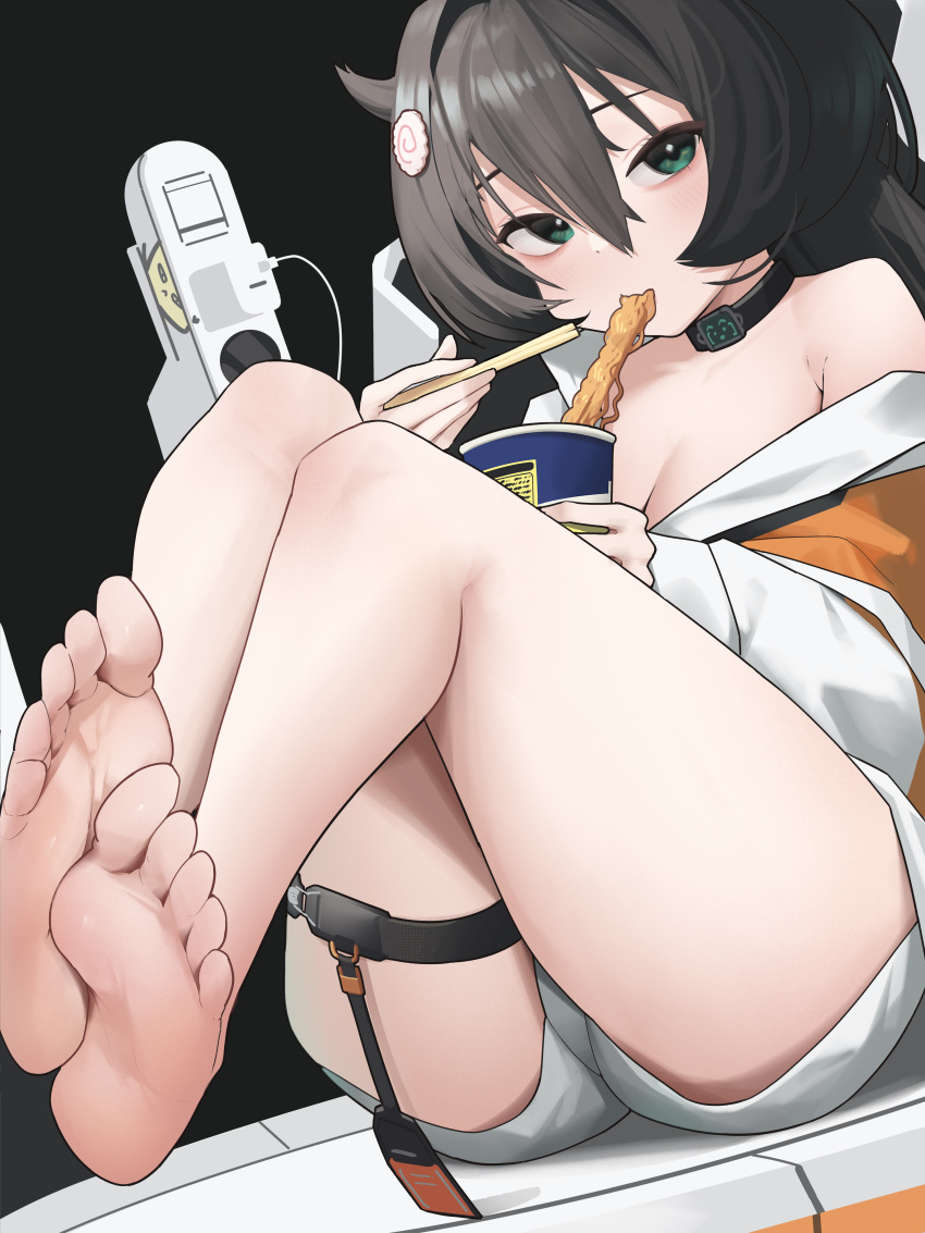1girl absurdres barefoot black_background black_hair breasts chopsticks cleavage clothing_cutout cropped_sweater cup_ramen eating electrical_outlet feet food foot_focus gloomyowl goddess_of_victory:_nikke green_eyes hair_intakes highres holding holding_chopsticks kamaboko long_hair looking_at_viewer narutomaki narutomaki_hair_ornament shorts shoulder_cutout simple_background small_breasts thigh_strap trony_(nikke) upright_ahoge
