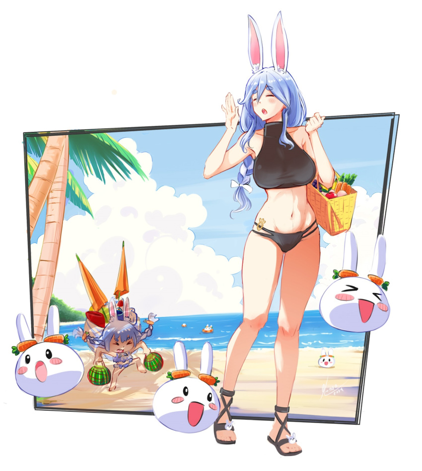 2girls alternate_costume animal_ear_fluff animal_ears basket beach beach_umbrella bikini black_bikini blue_hair blue_sky blush bow braid braided_ponytail breasts closed_eyes cloud hair_bow highres holding holding_basket hololive k-non large_breasts mature_female mother_and_daughter multicolored_hair multiple_girls navel open_mouth palm_tree pekomama pekomon_(usada_pekora) rabbit_ears rabbit_girl sky streaked_hair swimsuit tree twin_braids umbrella usada_pekora virtual_youtuber water white_bow white_hair